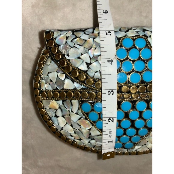 Ramla Porte-Moi Clutch Moroccan Mosaic Pearl/Turquoise Gold‎ Handmade NEW